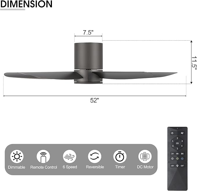 52" Outdoor Ceiling Fan with Light and Remote, ABS Blades, Low Profile Flush Mount Ceiling Fan, Dimmable LED light, Noiseless Reversible DC Motor, for Bedroom/Living Room/Porch (Charcoal Gray)