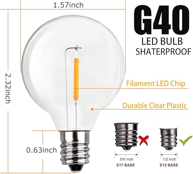 25 Pack G40 Led Replacement Light Bulbs,E12 Screw Base Shatterproof LED Globe Bulbs Light for Outdoor String Lights,0.6 Watt Equvalent to 5 Watt Incandescent Bulbs,Warm White