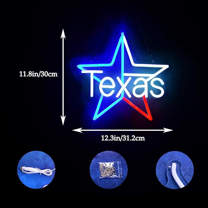 TEXAS State Neon Light Sign Lone Star Lamp Light up Red Blue White Western Charm God Bless Texas Dimmable LED Sign for Bedroom Man cave Bar Rustic Tavern Wall Hanging Decor
