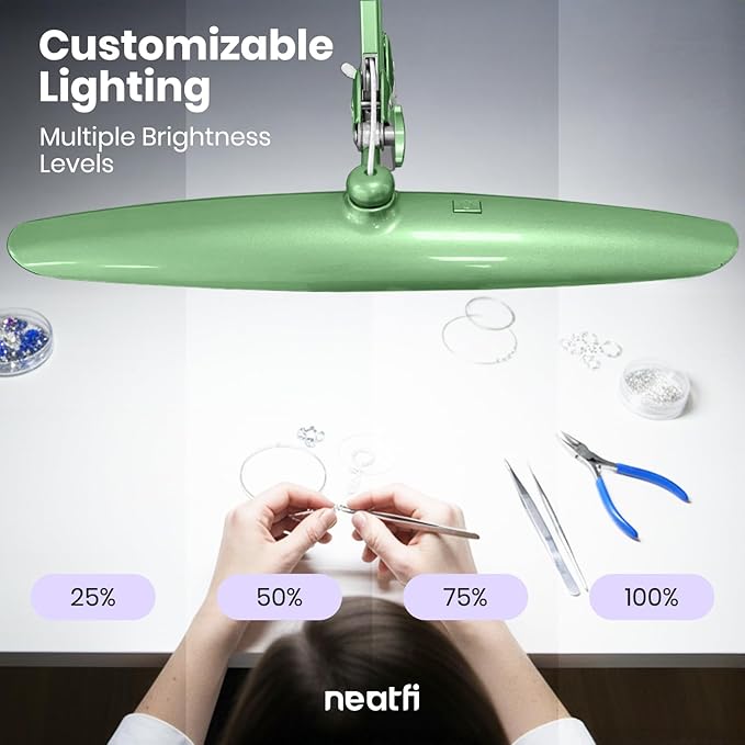 Neatfi XL LED Desk Lamp with Clamp, 2200 Lumens, 24W, 20-Inch Wide Head, Dimmable 4 Brightness Levels, Task Light for Home Office, Crafts, Workbench (Non-CCT, Midnight Green)