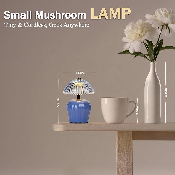 MJ PREMIER Small Cordless Lamp, Battery Operated Lamp with Timer, Mini Crystal Glass Mushroom Lampshade, Cute Small Table Lamps, Decorative Led Light for Bedroom Living Room Shelf (Blue)