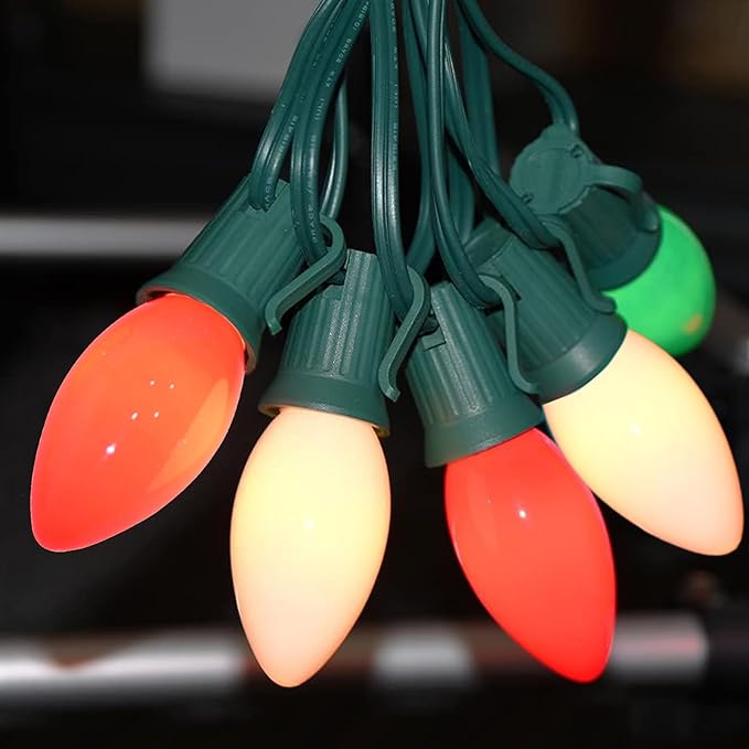 SUNSGNE C9 Christmas String Lights, 25 Feet Vintage Christmas Tree Lights with 26 7W Red Green White Glass Bulbs(1 Spare) for Patio Balcony Xmas Decor, Green Wire