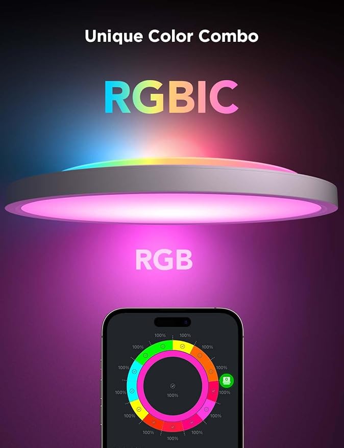 Govee Smart Ceiling Light, RGBIC LED Ceiling Light Fixture, 2400LM Flush Mount Light Fixture, DIY Colors, 12 Inch, 1 Pack (White 2 Packs)