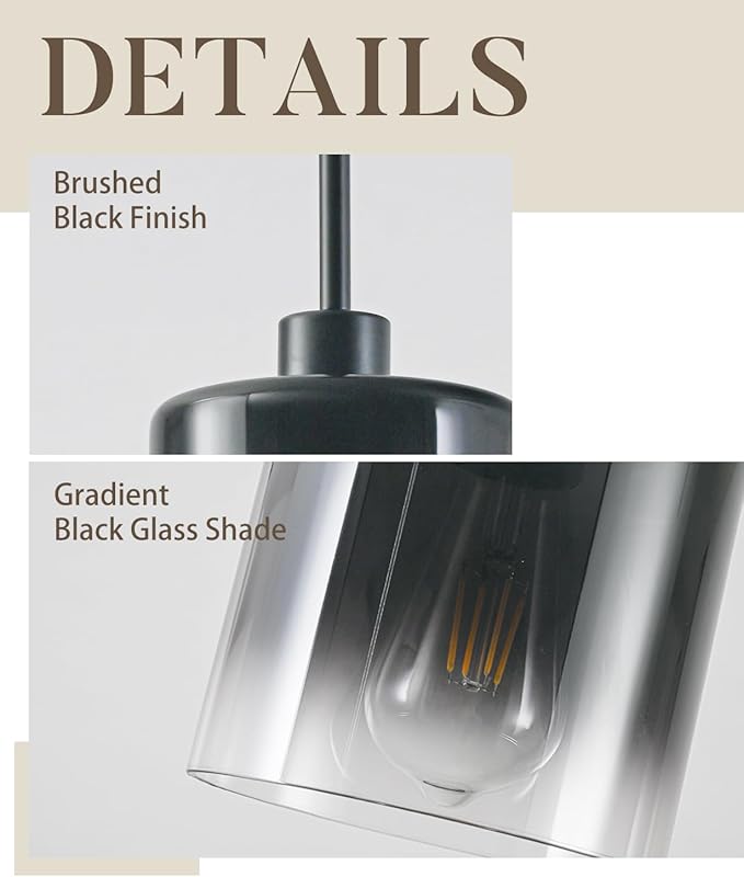 Black Pendant Light Fixtures, Modern Pendant Lights for Kitchen Island with Adjustable Rods, Industrial Glass Pendant Lights for Dining Table Hallway Bedroom Living Room, 1 Pack