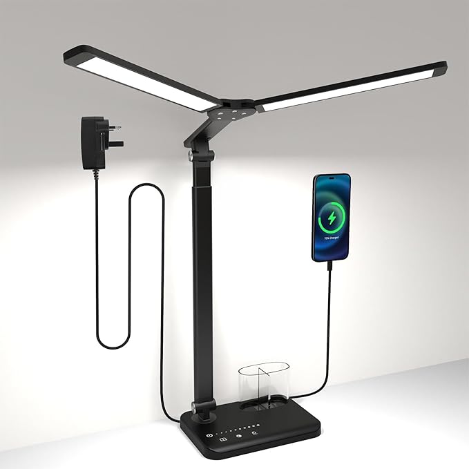LED Desk Lamp, Dual Heads, Height Adjustable, USB Charging Port, 5 Light Modes & Dimmable Brightness, Bedside Lamp for Reading, Craft, Work, Study (Black, 15W)