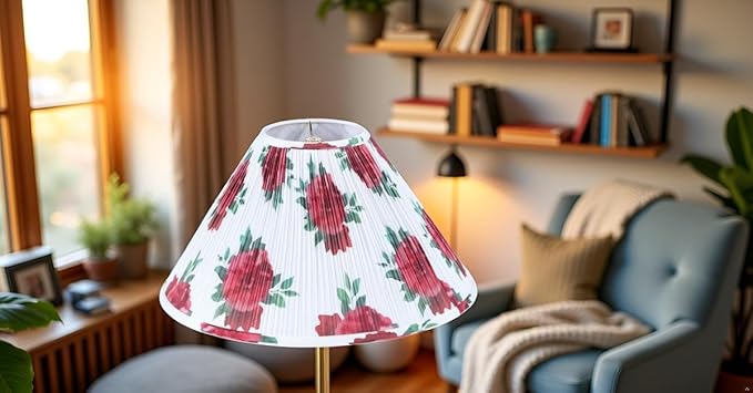 Aspen Creative 33176 Hardback Empire Spider Lamp Shade, Mushroom Pleated in White with Red Floral Print Designed Fabric, 6" Top x 19" Bottom x 12" Slant Height