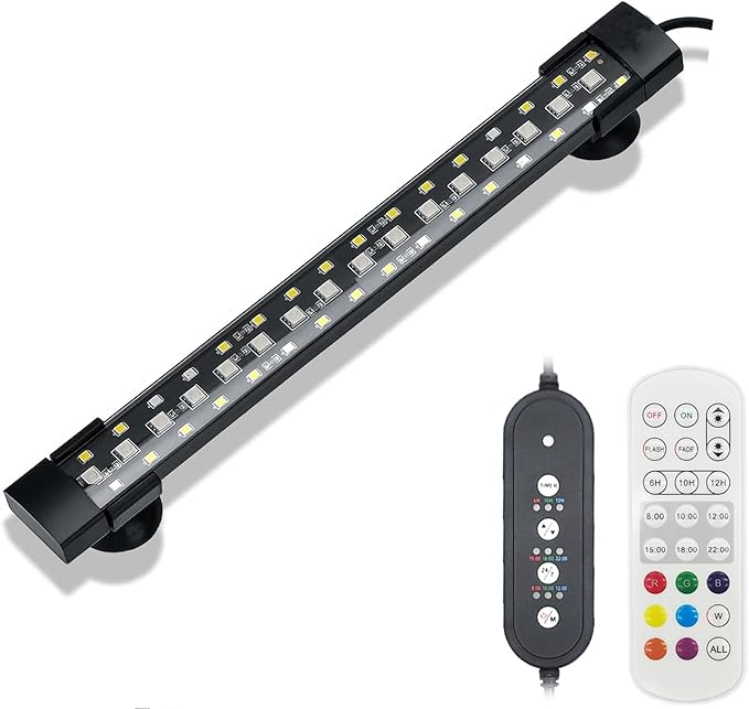 Underwater Aquarium Light 24/7 Mode Submersible Fish Tank LED Light, Full Spectrum Hidden Fish Tank Light with 3 Rows Beads 7 Colors Auto On Off, Adjustable Timer Remote Control