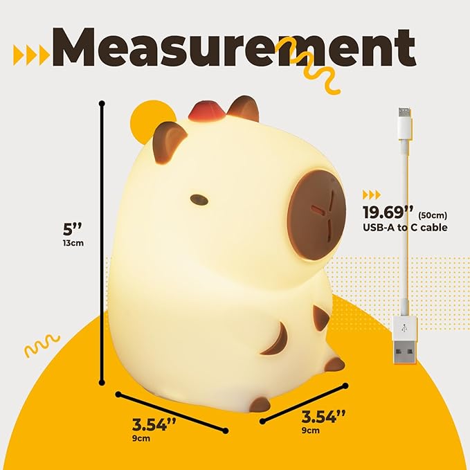 Adorable LED Squishy Animal Night Light - 2 Level Dimmable Nursery Lamp for Kids, Rechargeable Touch Lamp, Cute Dorm Decor - Perfect Baby Boys Girls Gift (Kapibala)