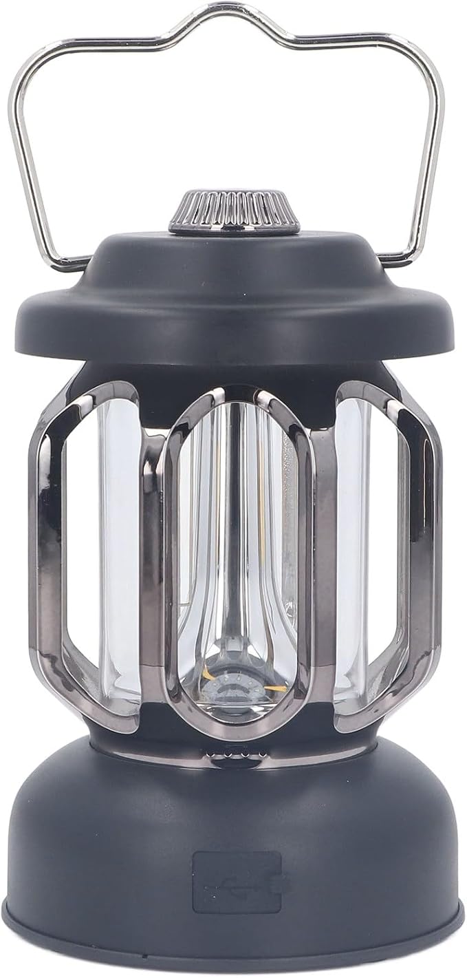 Retro Camping Lantern, Rechargeable LED Tent Lamp with 3 Light Modes, Dimmable Vintage Camping Light with Hook, USB Type C Portable Lantern for Garden Outdoor (Black)