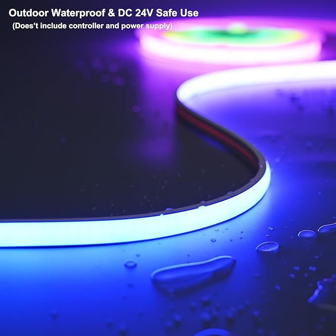 24V COB LED Strip 16.4ft Smart RGB+IC, Flexible Neon Rope Lights IP67 Waterproof, High Density 576LED/M, Self-Adhesive for Home Decoration(No Adapter and Controller)