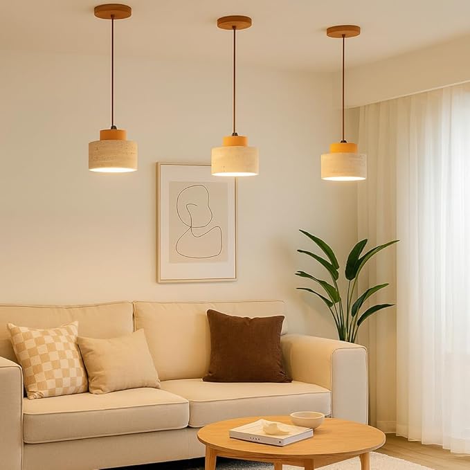 Wabi Sabi Natural Stone and Wood Pendant Light,4.7Inch Small Hanging Pendant Lamp,Modern Vintage Rustic Minimalist Fixture for Bedroom, Dining Room, Kitchen Island, Cafe, Hallway (Wood Color, PCS, 1)
