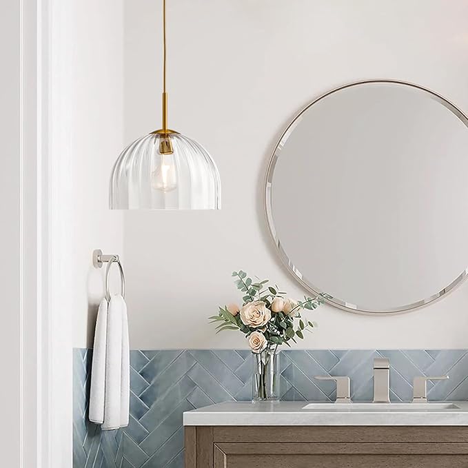 Modern Pendant Lights Kitchen Island, 11.8 Inch Dome Lampshade Large Chandelier, Rustic Farmhouse Industrial Ceiling Hanging LED Lighting Fixture with Clear Glass Bell Shade