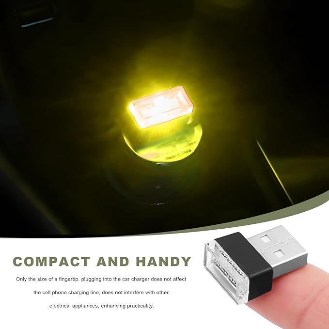 4 PCS USB LED Car Interior Atmosphere Lamp, Mini Night Light Plug-In Trunk Ambient Lighting Kit, Portable USB Interface LED Lamp Interior Decoration for Vehicle Home Office (Yellow)