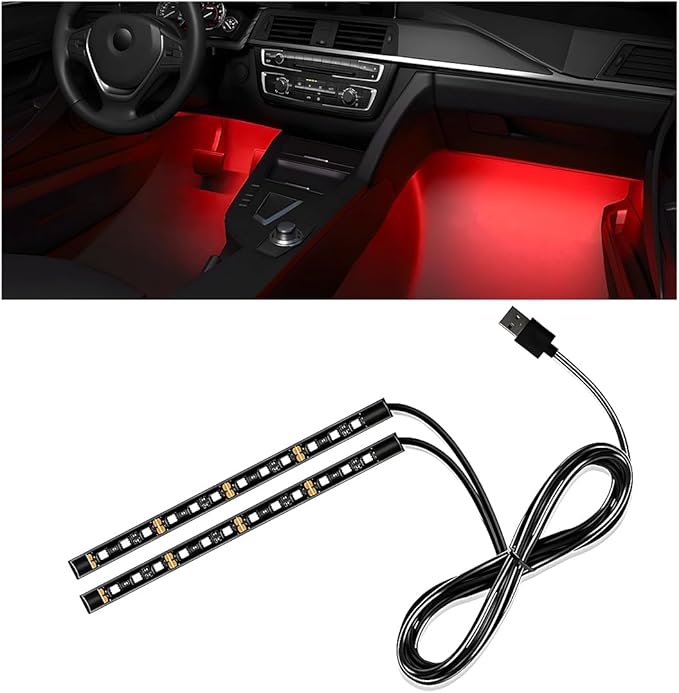 Car Interior LED Strip Light, 12V 24 LED Waterproof Neon Ambient Night Light with USB Port, Automotive Atmosphere Decorative Under Dash Lighting Kit, Car Accessories (Red)