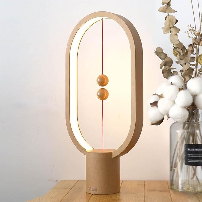 Heng Soft-Glow Balance Desk Lamp for Nightstand Or Bed - Modern Table Mood Lighting with Dimmer Switch - Cute Decorative Gift for Bedroom, Living Room, Office & Dorm (Wood)