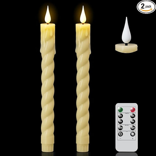 DRomance Flickering Flameless Taper Candles with Remote and Timer, 2 Pack Battery Operated LED Taper Candles 3D Wick Plastic Dripping Effect Dinner Wedding Holiday Decor(Ivory, 0.78" D x 9.65" H)