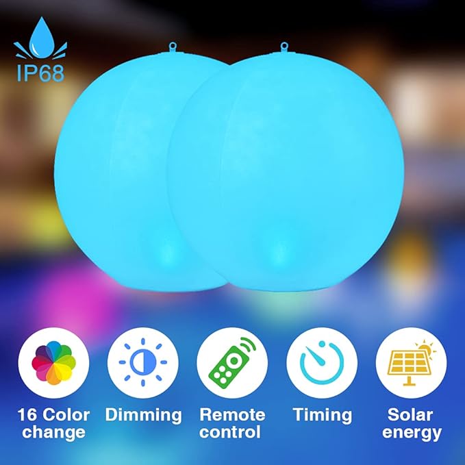 GEEDIAR Floating Pool Lights 2pcs,14" Inflatable Solar Powered Pool Light with Remote,IP68 Waterproof Swimming LED Mood Lights with 16 Color Changing Outdoor Decorations Light for Garden and Pond