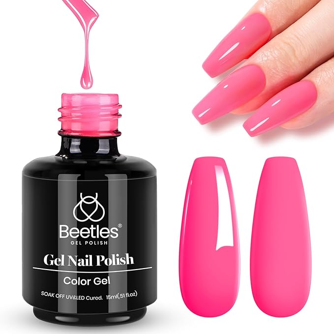 Beetles Pink Gel Nail Polish - Hot Pink Gel Polish, 15ML/0.51Fl Oz Neon Color, Soak Off UV LED Lamp Nail Art, Long-Lasting Manicure Salon DIY Home Spring Nails - Gifts for Her
