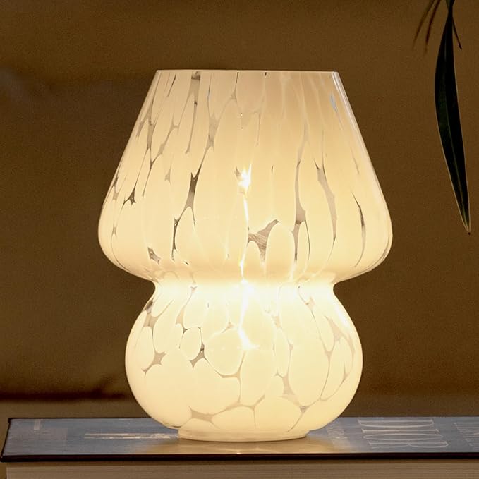 Battery Operated Mushroom Lamp Cordless Lamp,Cute Glasss Mushroom Table Lamp Aesthetic,for Livingroom,Dining Room,Indoor Outdoor Murano Style,Buld Included (White with Dot)