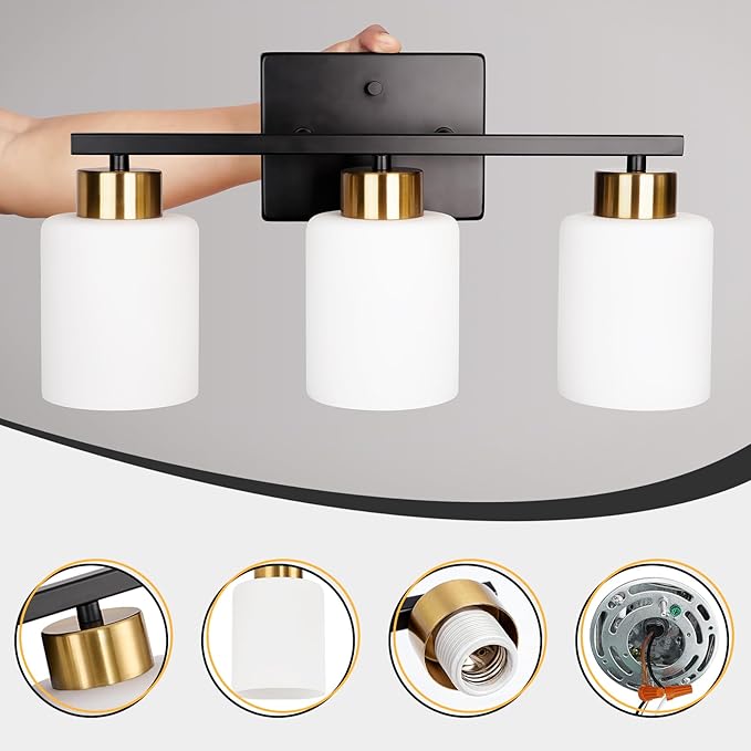 Black and Gold Bathroom Light Fixtures, 3-Light Modern Vanity Light Over Mirror, Wall Sconces with Milky White Frosted Glass Shades, E26 Socket (Bulbs Not Included)