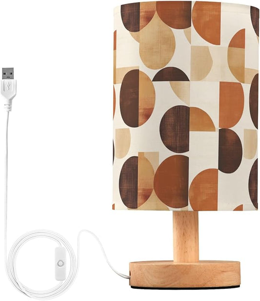 Rust Brown Modern Geometry Art Pattern Bedside Table Lamps with USB Port for Bedroom Lamp Accent Table Lamp Small Nightstand Lamp Sturdy Linen Shade Wooden Base Decorative Lamps for Kids|Dorm|Home