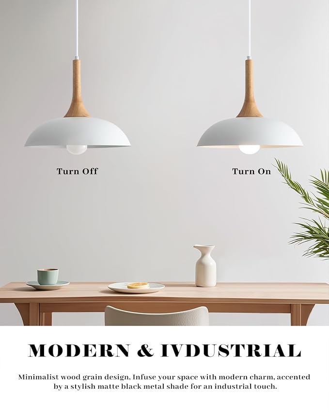 White and Wood Pendant Light, Modern White Pendant Light 3 Packs, 13.8 inch White Wood Pendant Lights Kitchen Island for Kitchen, Dining Room, Living Room