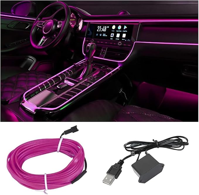 EL Wire Interior Car LED Strip Lights, USB Car Neon Light Strip with Sewing Edge, 16FT Neon Light 5V with Fuse Protection, Electroluminescent Car Indoor Decorations (Purple)