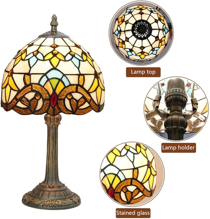 Tiffany Table 8 Inch Small Stained Glass Table Lamp Retro Baroque Reading Light, Suitable For Bedrooms Living Rooms Offices Study Rooms Tiffany Style Retro Home Decoration Crafts (Yellow, Brown)