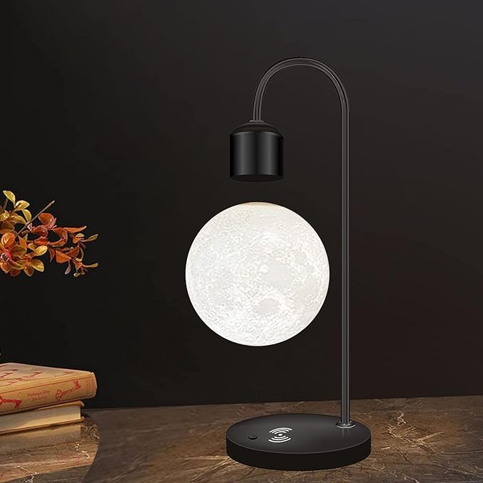 Unique Modern Levitating Lamp with Floating Light and Built-in Qi Wireless Charger, Simplistic and Innovative Design, Warm Decorative Night Light (Black Moon)