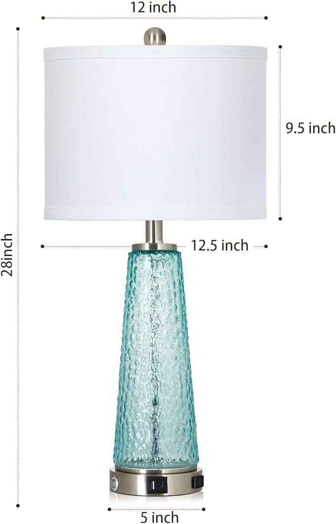 26" Coastal Table Lamps for Living Room, Glass Bedside Lamps with USB A+C Ports & Outlet, Nautical Cracked Glass Nightstand Lamp with Night Light for Bedroom End Table Blue Teal Turquoise Beach Ocean