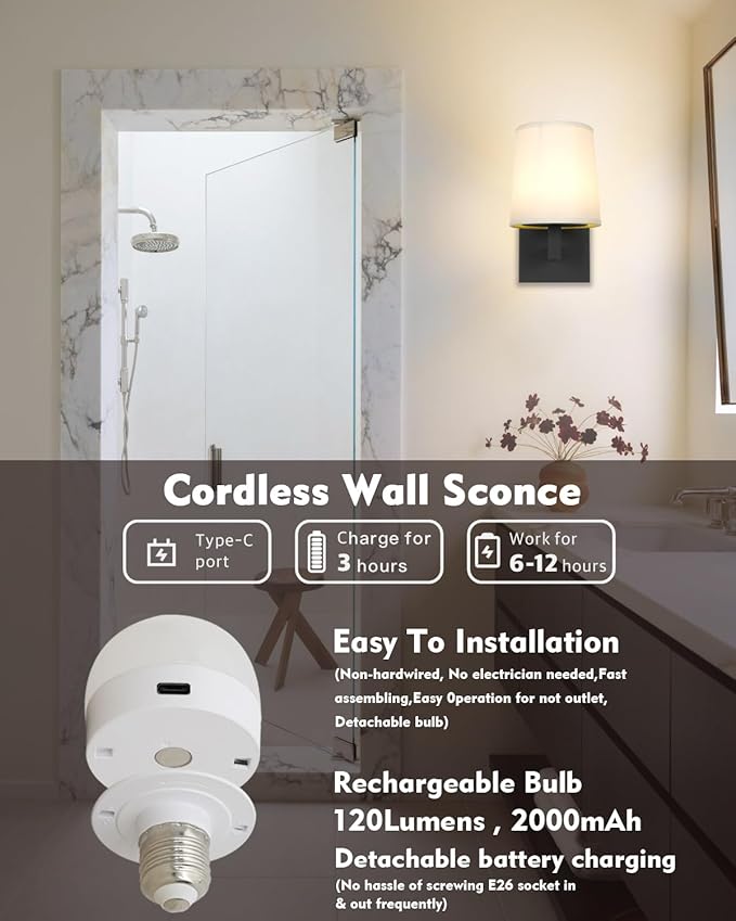 HEQIQEH Vintage Rechargeable Battery Powered 1-Light Fabric Wall Sconce, Dimmable Cordless Wall Mounted Lamp Fixture with Remote Control for Living Room Bedside Dining Room Hallway