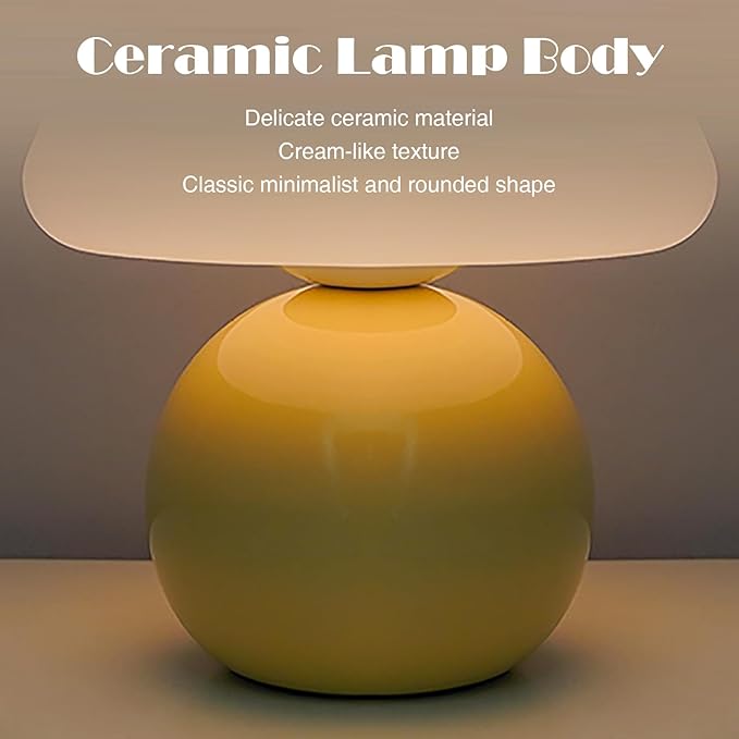 Cute Small Mushroom Lamp, PE Lampshade, Ceramic Base, Adjustable Light Color and Brightness with Power-Off Memory, Safe USB Powered, LED Mushroom Light for Bedroom Living Room (Yellow)