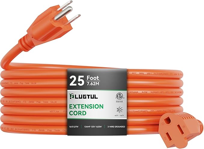 Outdoor Extension Cord 25 FT Waterproof, 16/3 Gauge Heavy Duty 3 Prong Extension Cord, 13A 1625W SJTW, ETL Listed, Great for Garden and Home, Orange