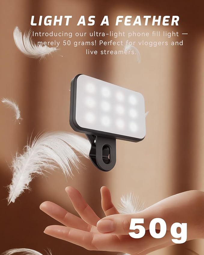 Mini Portable Selfie Light for iPhone: Rechargeable Clip on Phone Fill Lights, Ring Light for Camera Picture, Makeup Photo, Video Conferences, Laptop Use, Zoom Meetings, TikTok, Vlog Photography