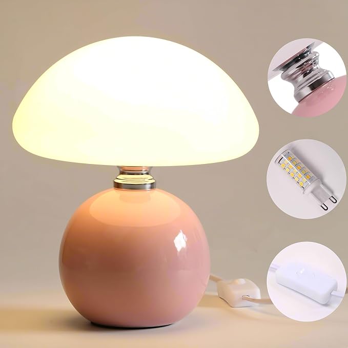 Mushroom Lamp for Bedroom Living Room,Mushroom Table Lamps for Bedside Night Stands,3 Color Temperature Desk Small Table Lamp,Cute Mini Modern Night Light Lamp,Unique Home Decoration(Pink)