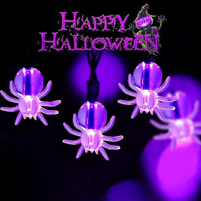 Halloween Solar String Lights, 21.3 Ft 30 LED Purple Spider LED Lights IP65 Waterproof for Halloween Outdoor Indoor Party Decor, Patio, Lawn, Garden, Yard