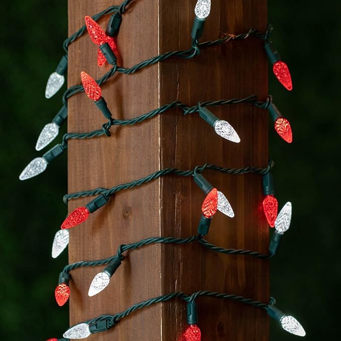 Novelty Lights 24FT 70 LED C6 Christmas String Lights, Outdoor Commercial Grade Tree Decorations, Permanent LED Lights (Red/Pure White)