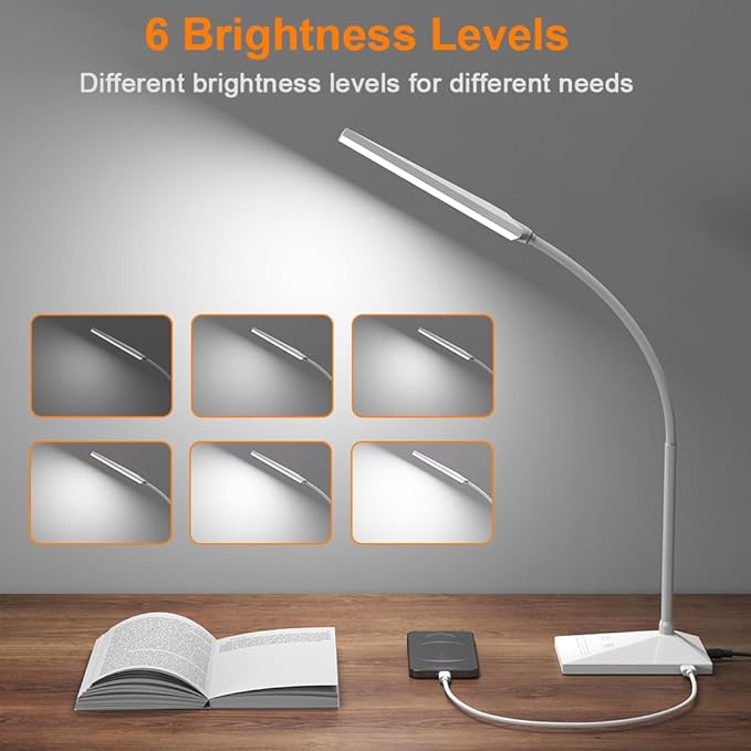 Vansuny LED Desk Lamp with USB Charging Port, Eye-Caring, 5 Color Modes,6 Brightness Levels, Touch Control, Adjustable Neck, Memory Function for Dorm Office Work Bedroom (12W,White)