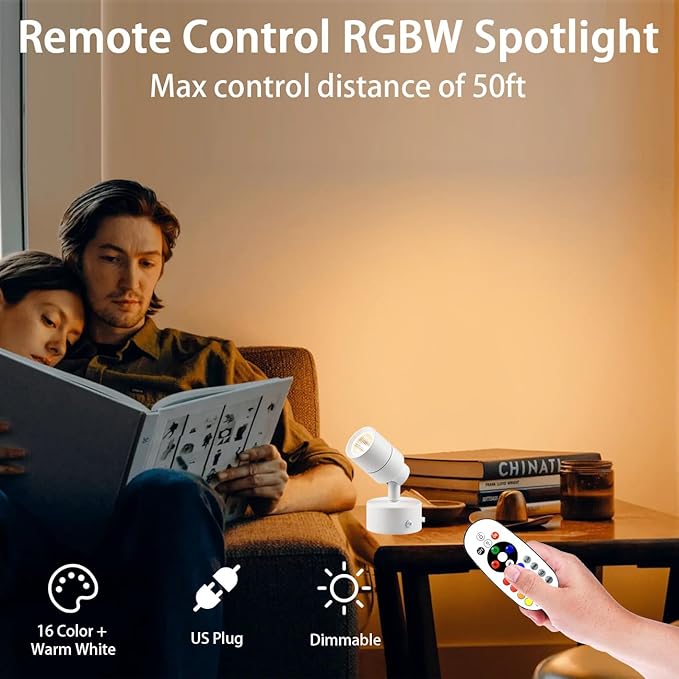EAGLOD 7W RGBW Color Changing Up Lights Indoor with Remote Control 16 Colors+3000K Floor Spotlight Dimmable Uplighting Indoor Uplights for Plant Corner 2 Pack (White)
