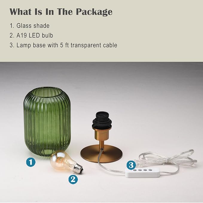 Mid Century Glass Table Lamp,Dimmable Desk Lamp,LED Bulb Included,Timer Build-In,Green Ribbed Glass