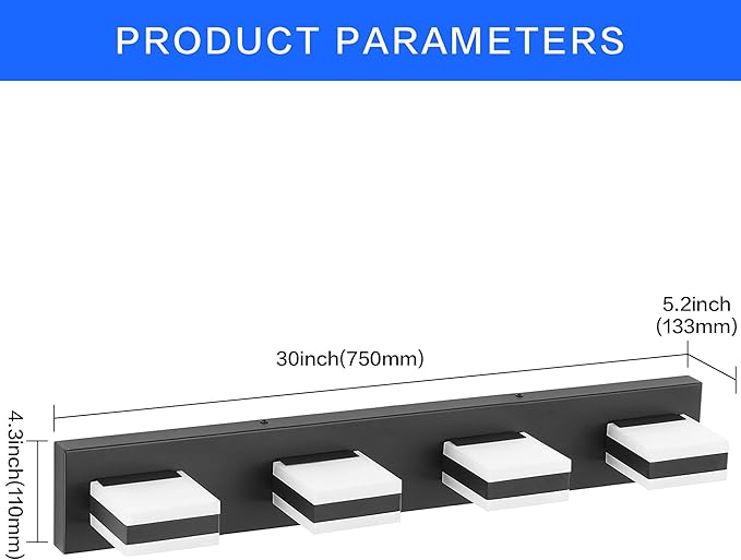 SOLFART Black Bathroom Light Fixtures, 4 Lights Bathroom LED Light, LED Dimmable Vanity Lights Cool White 6000K & 0%-100% Brightness Dimmable