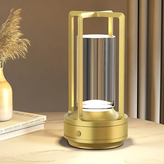 Cordless Portable Table Lamp Rechargeable for Indoor/Outdoor, 3000mAh Small Battery Powered Operated Lights, 3 Color Modes Dimmable Waterproof, LED Desk Lamp for Restaurant/Bedroom/Camping (Gold)