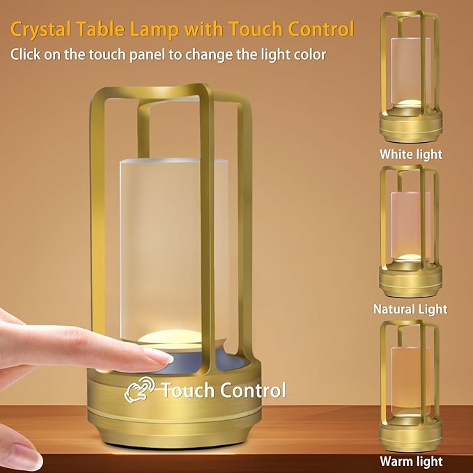 Cordless Rechargeable Table Lamps, Portable Lumisom Crystal Small Lantern Lamp with Touch Control & 3 Color Dimmable, 4000mAh Battery-Powered Klarako Crystal Desk Lanter for Outdoor Indoor (Gold)