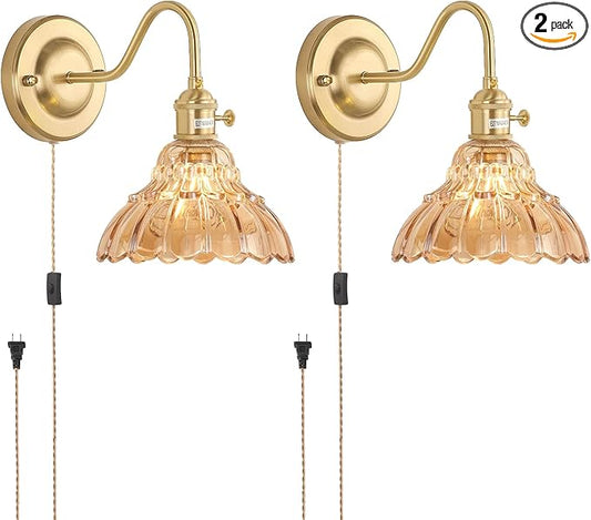 Plug in Wall Sconce Set of 2, Gold Vintage Wall Decor Lights with Amber Lily Glass Shade, Indoor Brass Corded Wall Lamp Fixture for Bedroom Living Room Bathroom Hallway
