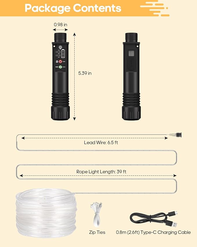 Rechargeable Rope Lights, 79FT 240LED Outdoor Waterproof String Lights with 1200mah Portable Rechargeable Battery, Timing & 8 Modes for Party Christmas Camping DIY Tree trampoline - Warm White 2 Pack