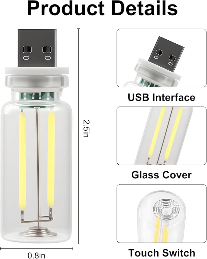 2 PCS Car USB Night Light Bulb, Touch Dimmable Car Interior Ambient Lights, Portable Mini USB Retro Glass Bottle Lamp Decorations for Vehicle, Bedroom, Hallway, Camping (White)