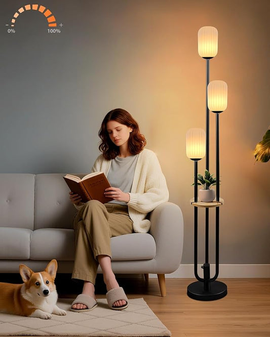 Black Dimmable Floor Lamp with Table, Modern Floor Lamps with Oval Striped Lampshade 3000K Soft Warm White 3-Lights Candle Holder Style Tall Lamp for Living Room/Bedroom