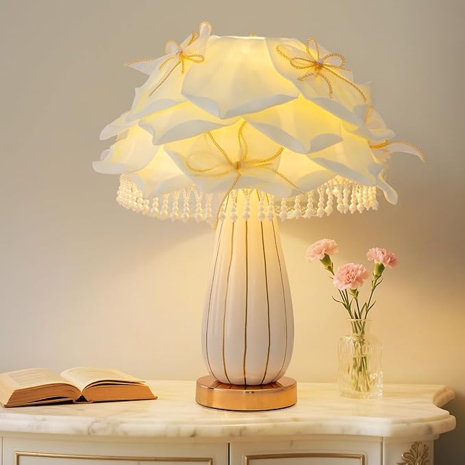 White Flower Girls Table Lamp Modern Princess Desk Lamp Cute Bow Bedside Lamp Nordic Nightstand Petal Light for Bedroom Valentines Dating Wedding Living Room Entry Office Study Room