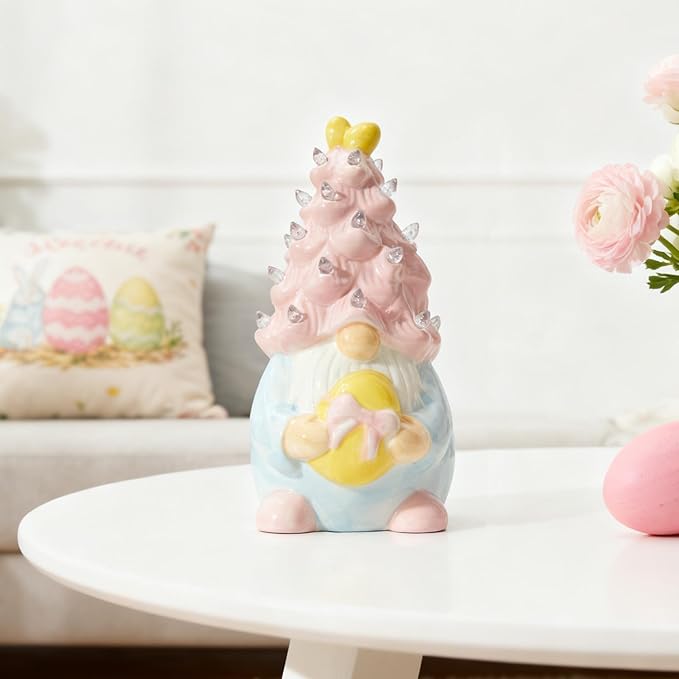 WDS WONDROUS Easter Decorations Lighted Gnome Figurine, Ceramic Battery Operated LED Easter Decor with Pink Hair Holding Egg, Spring Home Decor, Table Centerpiece, Indoor Gnome Decorations