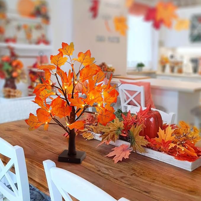 Woohaha 24LED Fall Tree Lighted Maple Tree,Thanksgiving Decoration Maple Leaf Table Tree,Timer Battery Operate Fall Decor Lights for Indoor Outdoor Holiday Autumn Harvest Xmas Party Home Decor